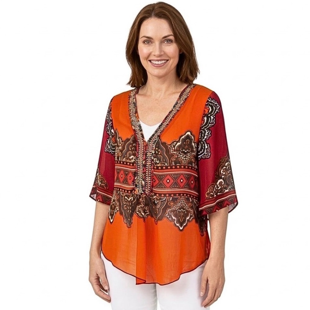 Joseph Ribkoff Colorful Sheer Blouse with Multicolored Rhinestones Size 6 - Picture 15 of 15